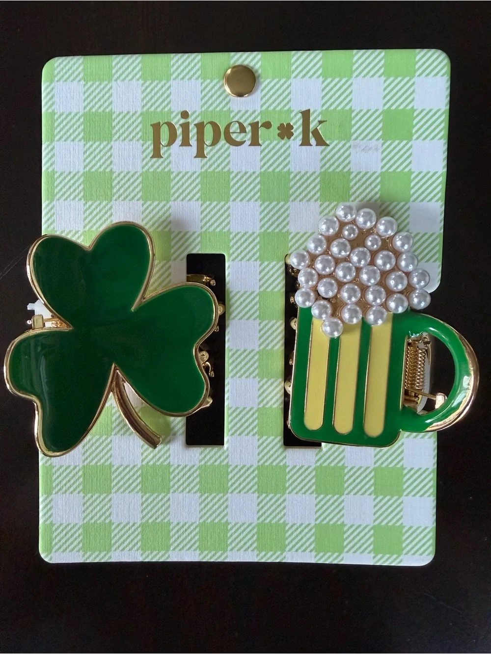 Piper K Shamrock and Festive Mug Hair Clips Green w Gold Holiday St. Patricks